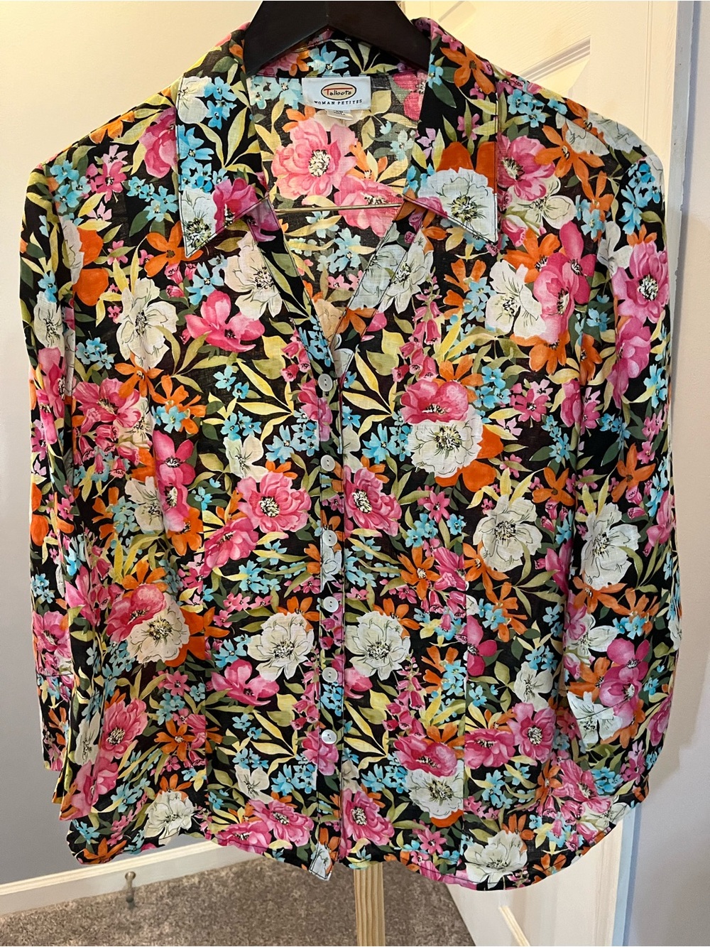 Talbots Black Floral Button-Front Blouse with Pink and Orange Flowers